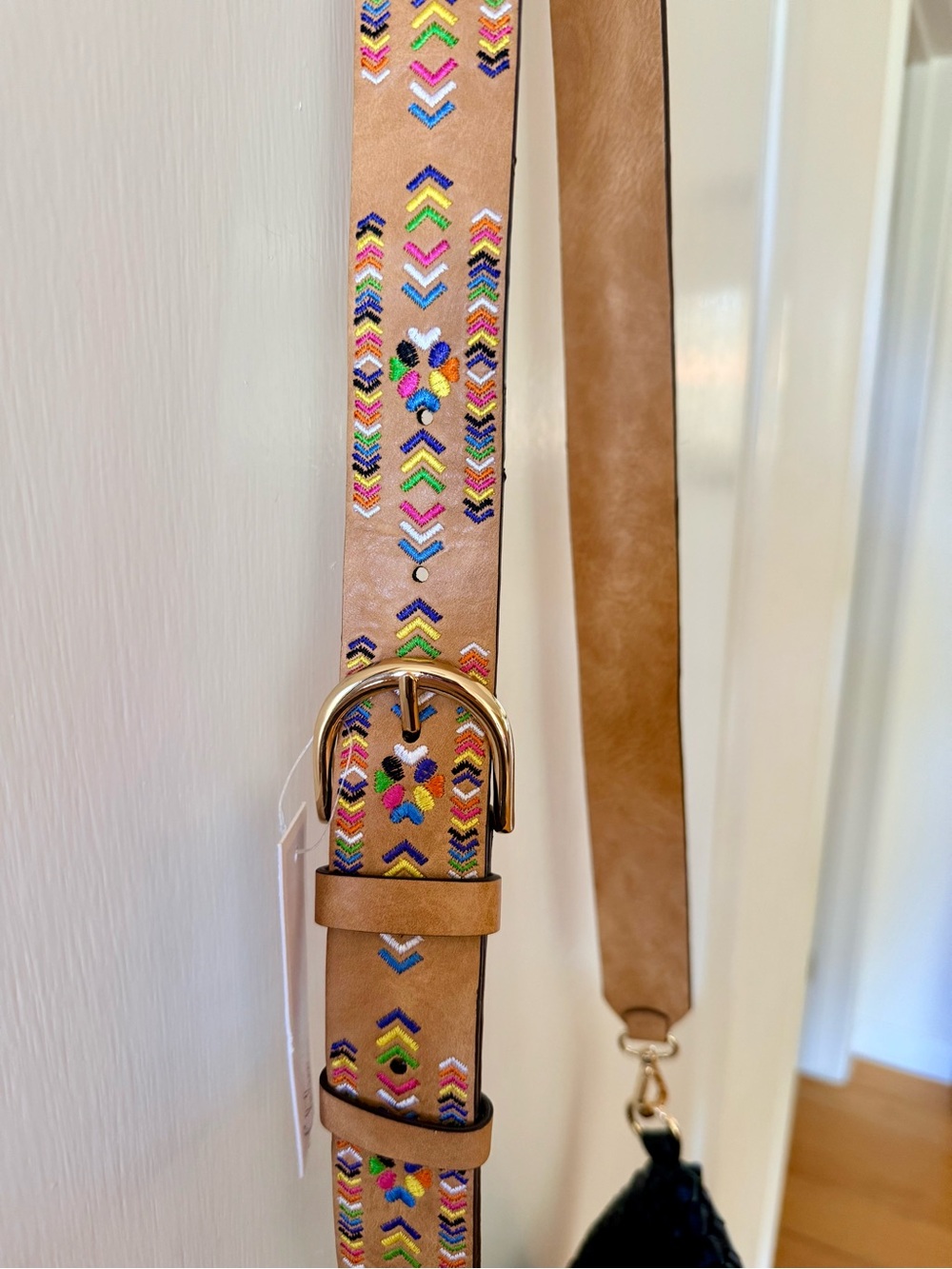 NWT Adjustable Tan Embroidered Leather Purse Strap with Gold Buckle